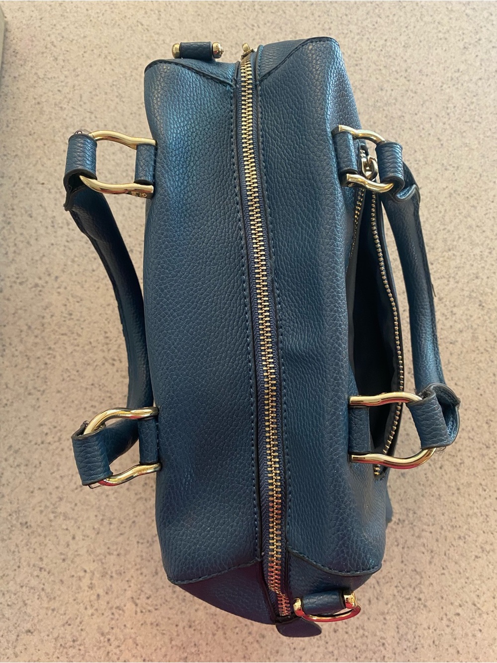 Classic Navy Faux Leather Hand Bag with Gold Hardware